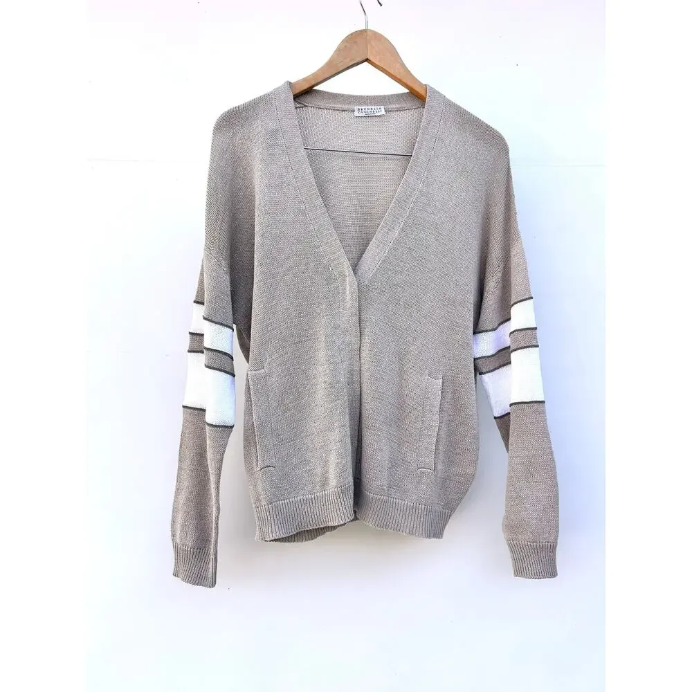 Brunello Cucinelli Cotton Knit Cardigan Sporty Preppy Stripes Small Gray - Picture 2 of 11